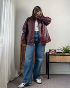 Oversized Faux Leather Jacket with Contrast Stitching