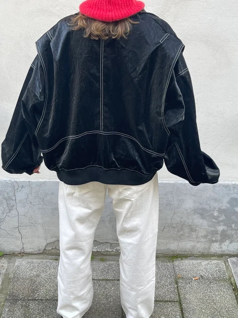 Oversized Faux Leather Jacket with Contrast Stitching