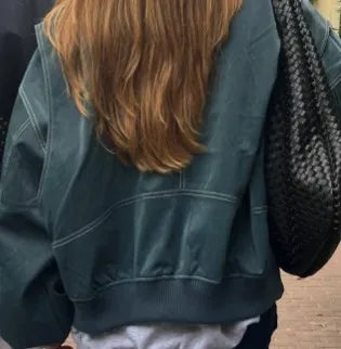 Oversized Faux Leather Jacket with Contrast Stitching