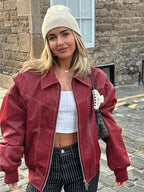 Oversized Faux Leather Jacket with Contrast Stitching