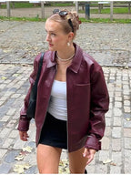 Oversized Faux Leather Jacket with Contrast Stitching