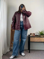 Oversized Faux Leather Jacket with Contrast Stitching