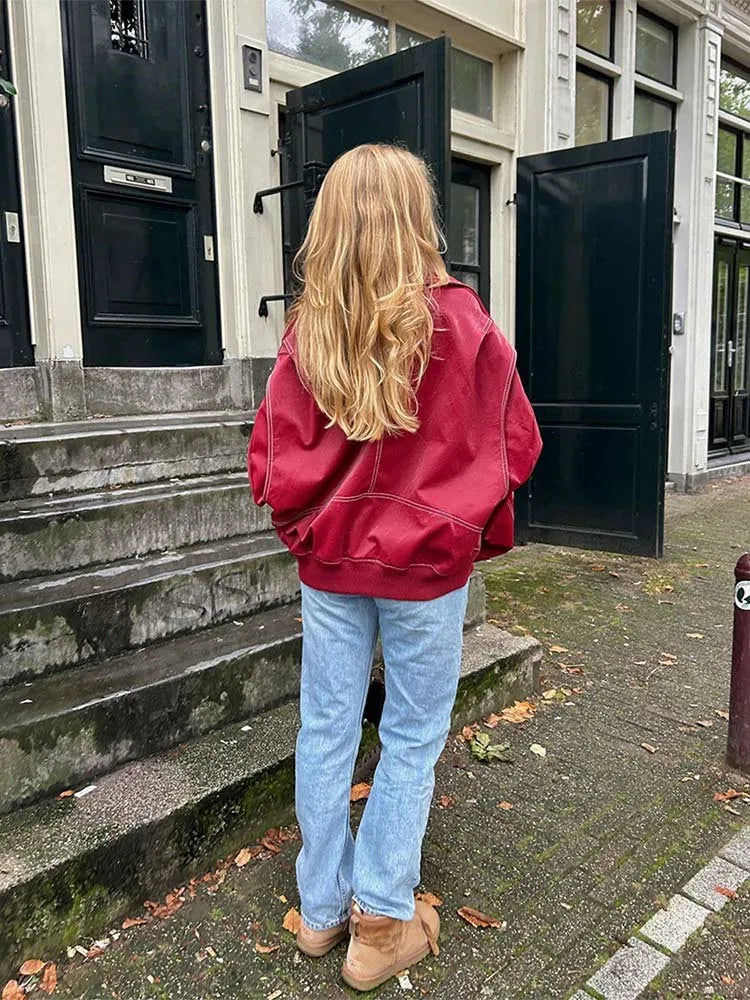 Oversized Faux Leather Jacket with Contrast Stitching