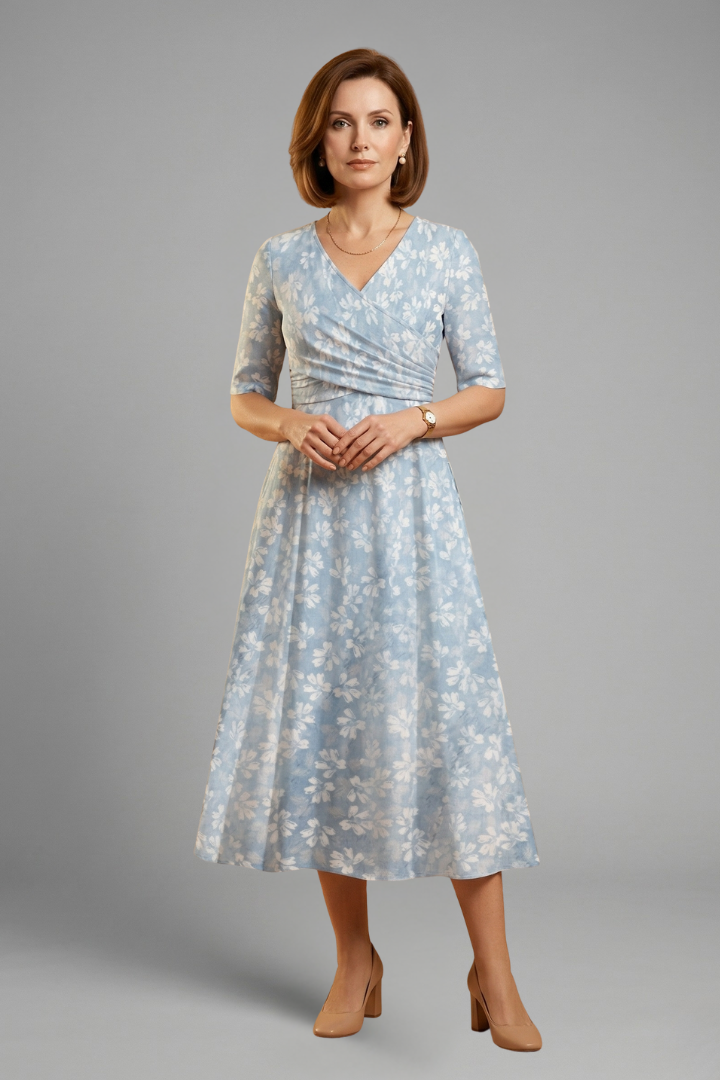 V-Neck Midi Dress with Short Sleeves and Side Pockets
