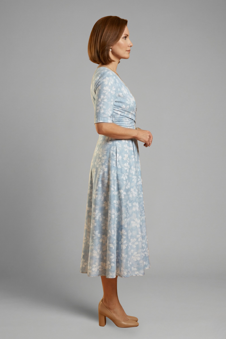 V-Neck Midi Dress with Short Sleeves and Side Pockets