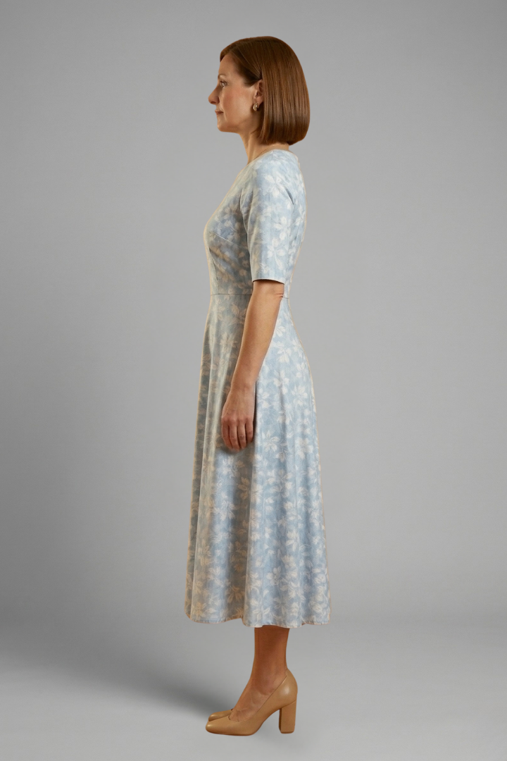 V-Neck Midi Dress with Short Sleeves and Side Pockets