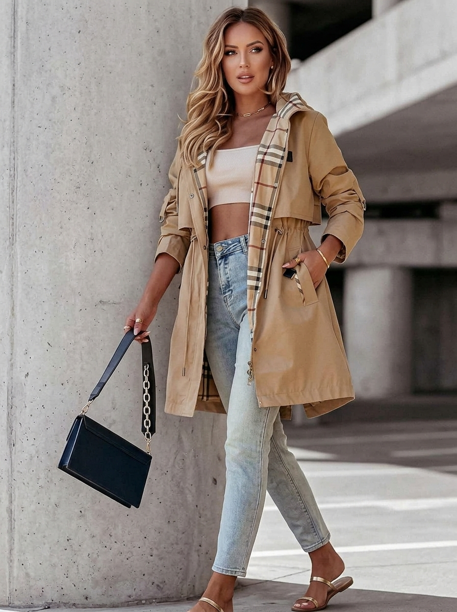Hooded Trench Coat with Plaid Lining and Drawstring Waist
