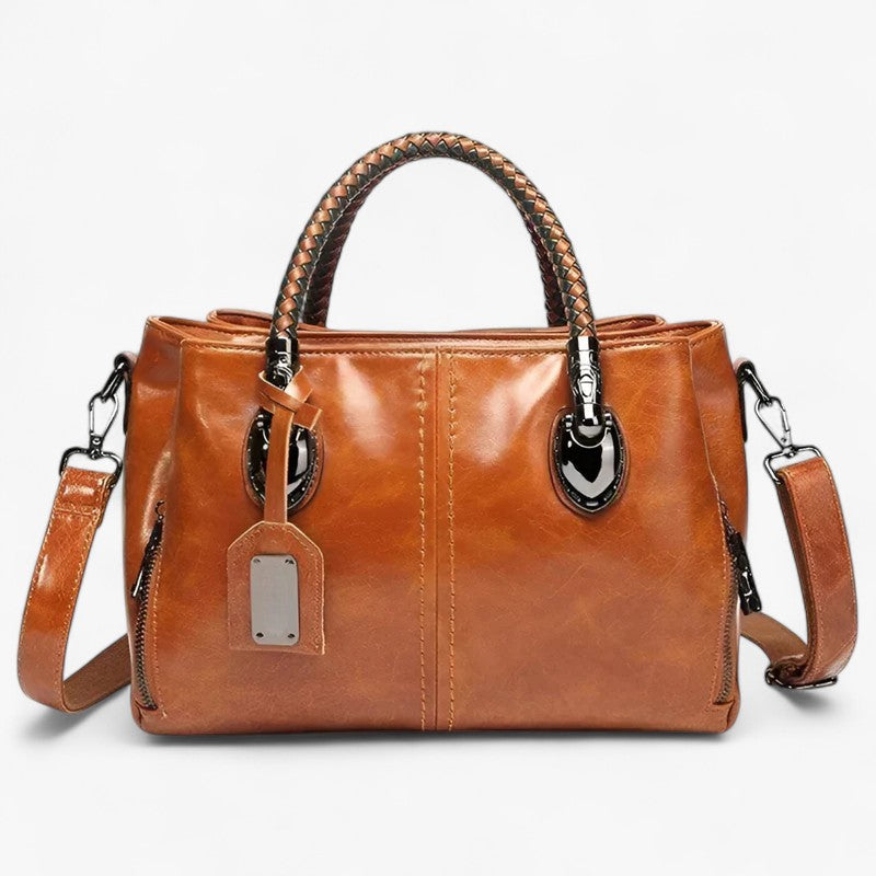Faux Leather Handbag with Braided Handles and Multiple Compartments