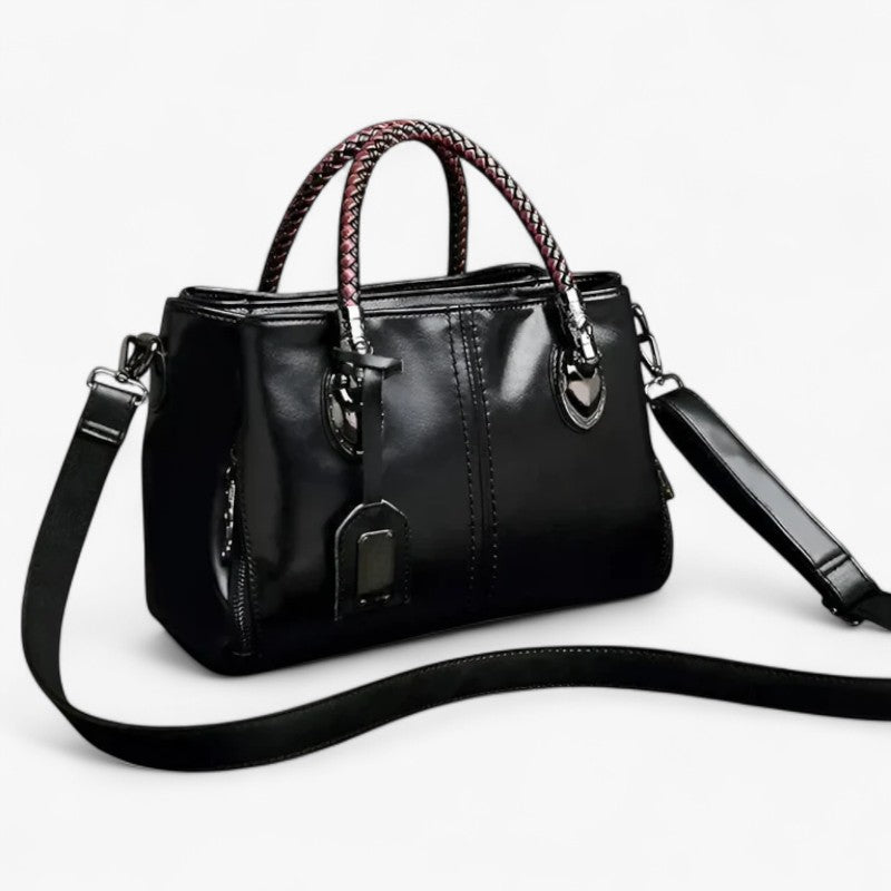 Faux Leather Handbag with Braided Handles and Multiple Compartments