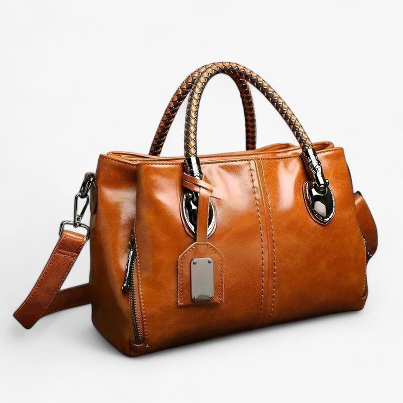 Faux Leather Handbag with Braided Handles and Multiple Compartments