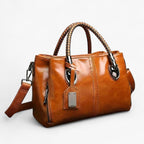 Faux Leather Handbag with Braided Handles and Multiple Compartments