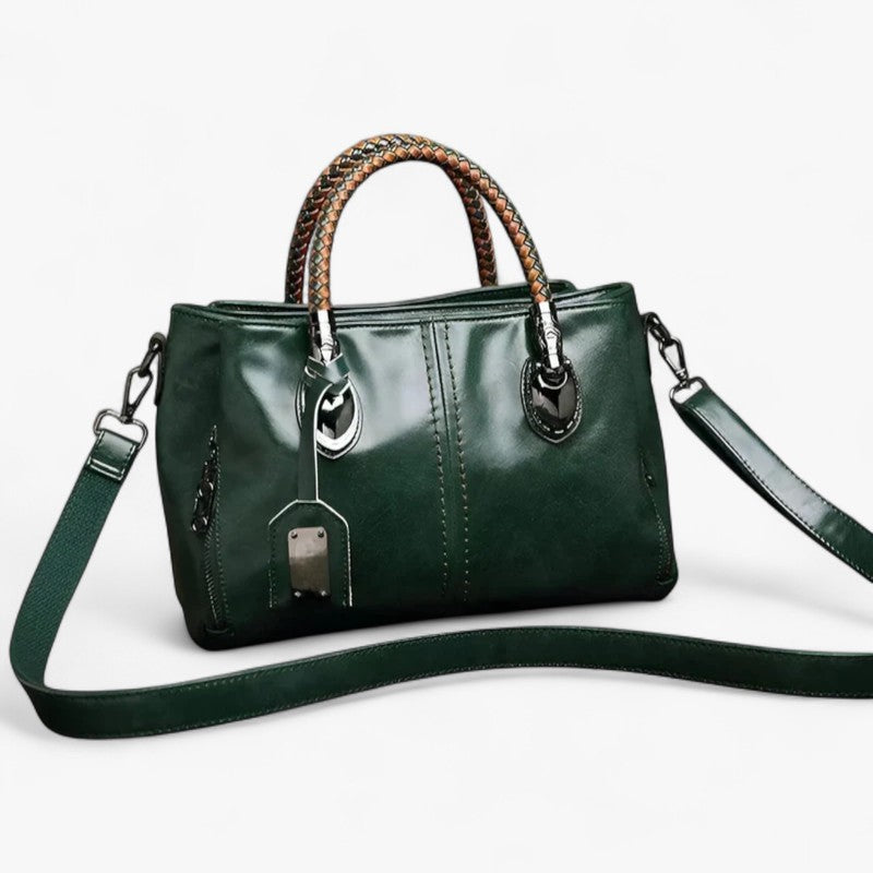 Faux Leather Handbag with Braided Handles and Multiple Compartments