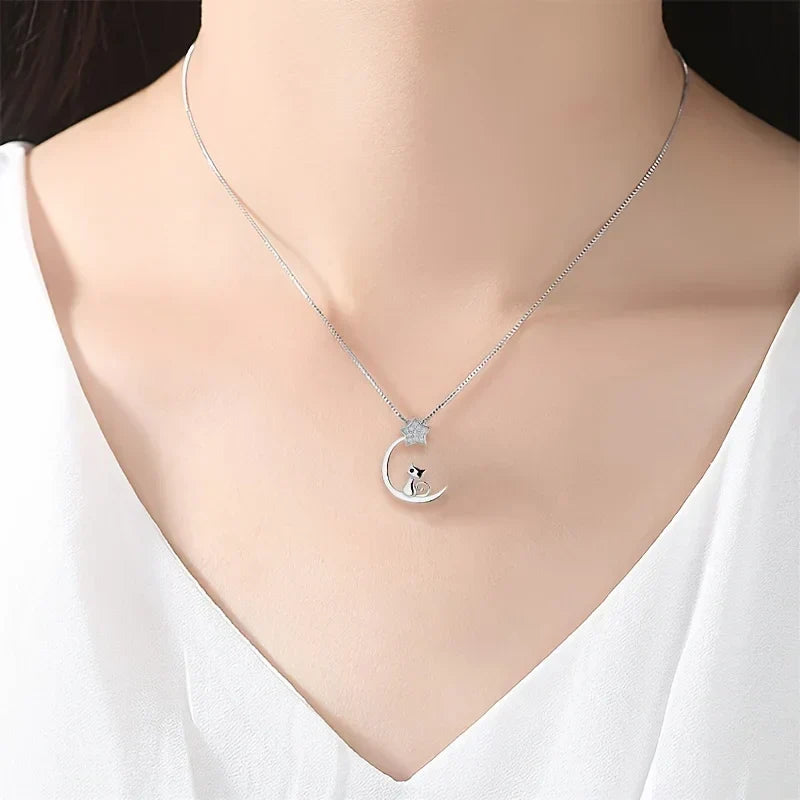 Cat, Moon and Star Pendant Necklace in Silver Colour
