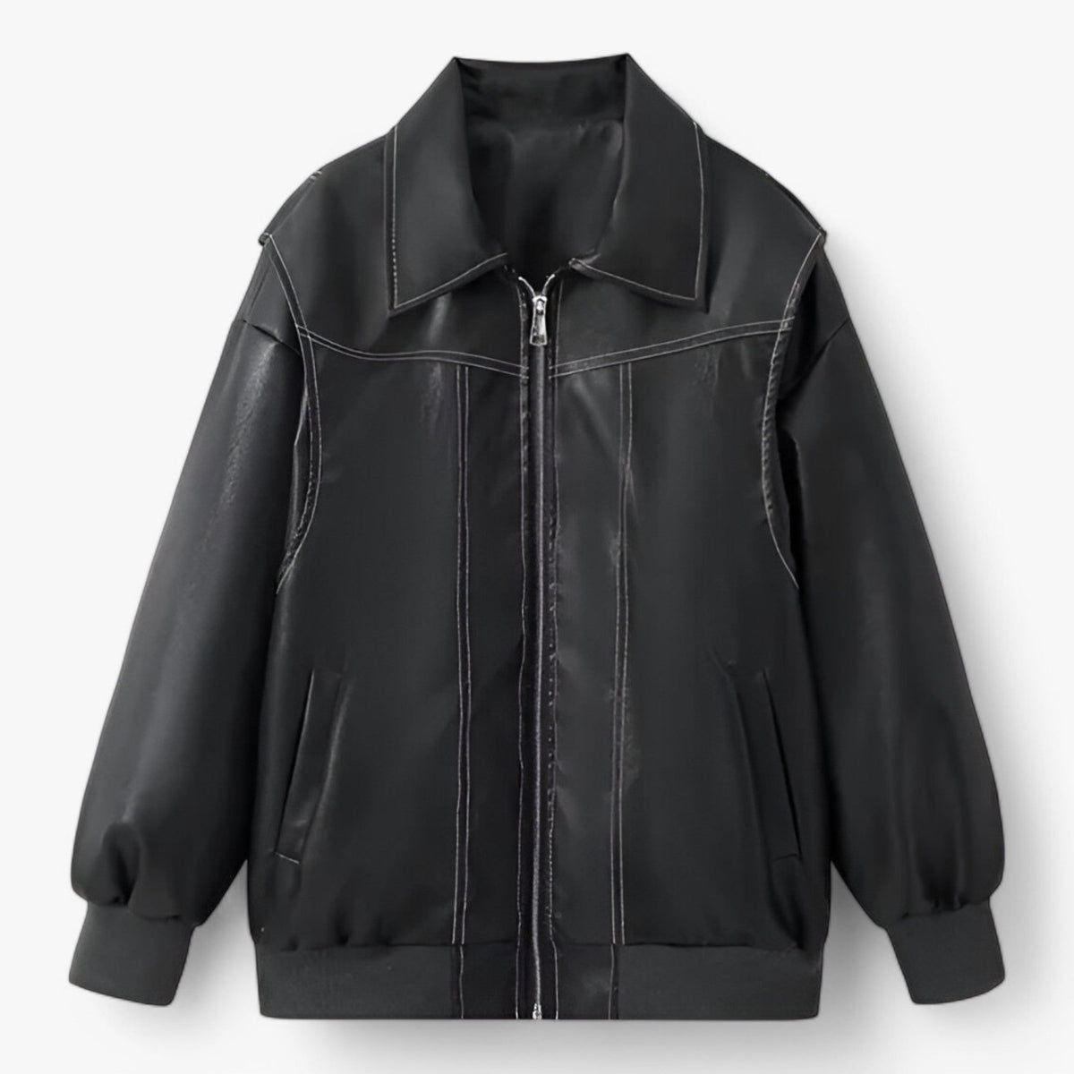Oversized Faux Leather Jacket with Contrast Stitching