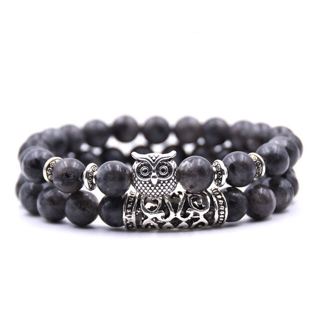Adjustable Owl Charm Bracelet with Natural Stone Beads