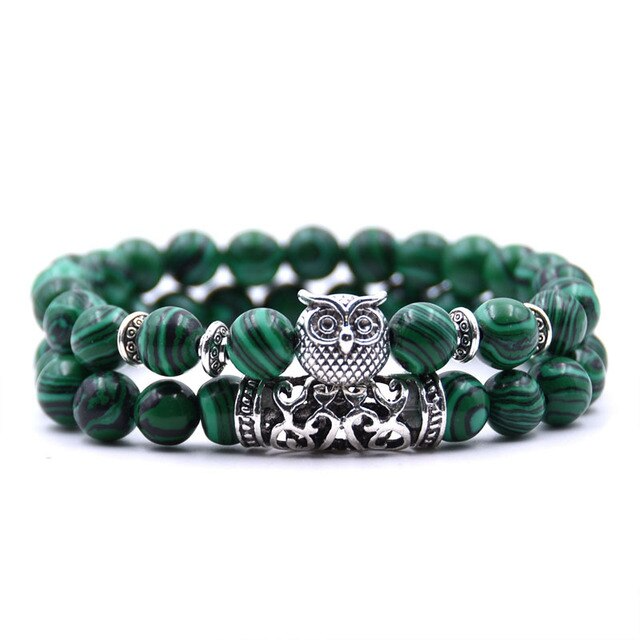 Adjustable Owl Charm Bracelet with Natural Stone Beads