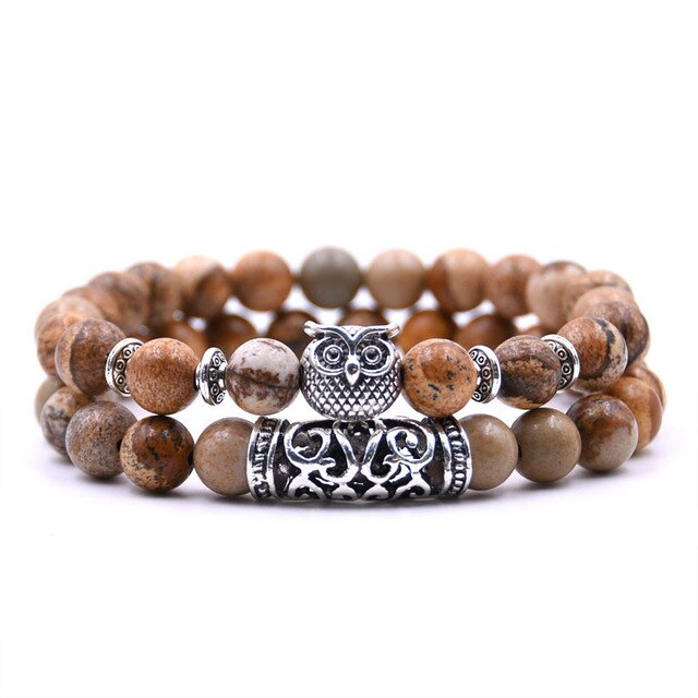 Adjustable Owl Charm Bracelet with Natural Stone Beads