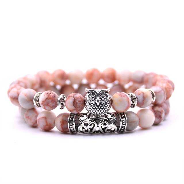 Adjustable Owl Charm Bracelet with Natural Stone Beads