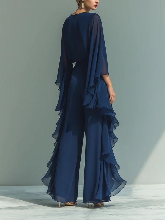Chiffon Two Piece Set with Flared Sleeves and Ruffle Detail