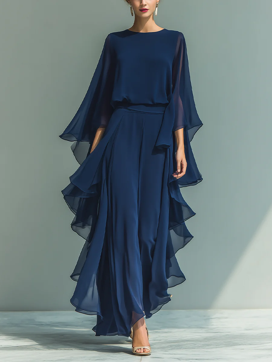 Chiffon Two Piece Set with Flared Sleeves and Ruffle Detail