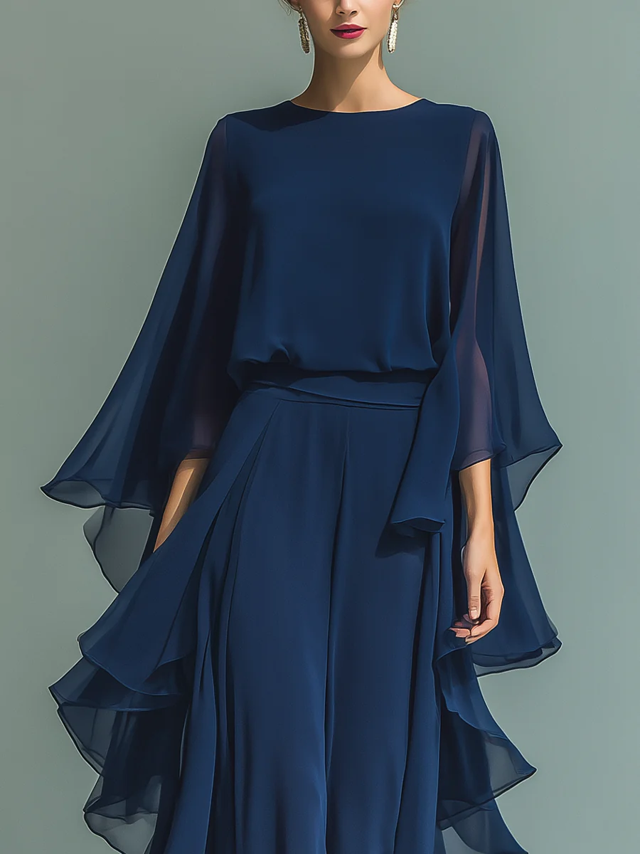 Chiffon Two Piece Set with Flared Sleeves and Ruffle Detail