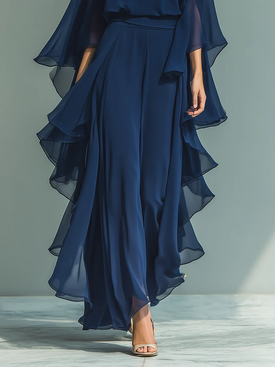 Chiffon Two Piece Set with Flared Sleeves and Ruffle Detail