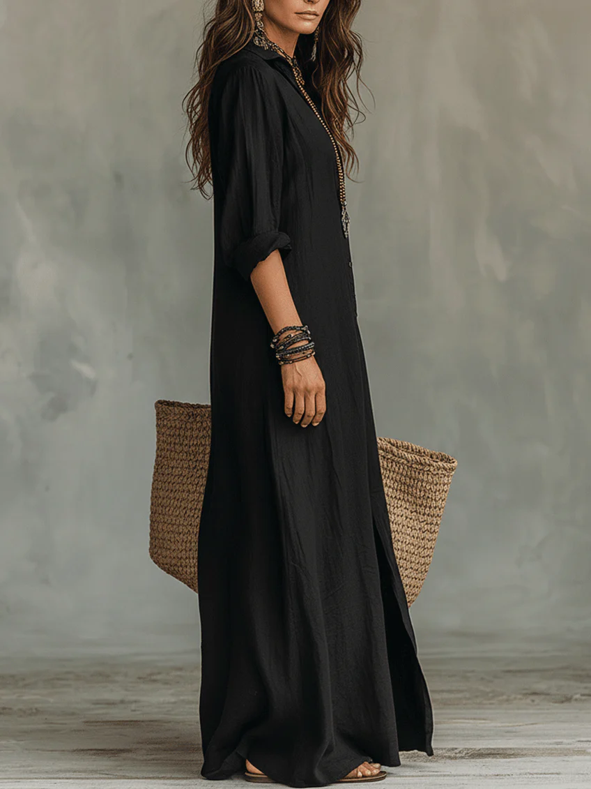 Relaxed Button-Down Maxi Dress with Structured Collar