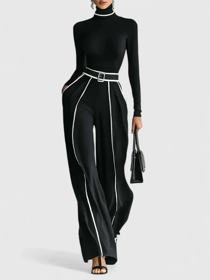 Turtleneck Two Piece Set with Contrast Trim and Wide Leg