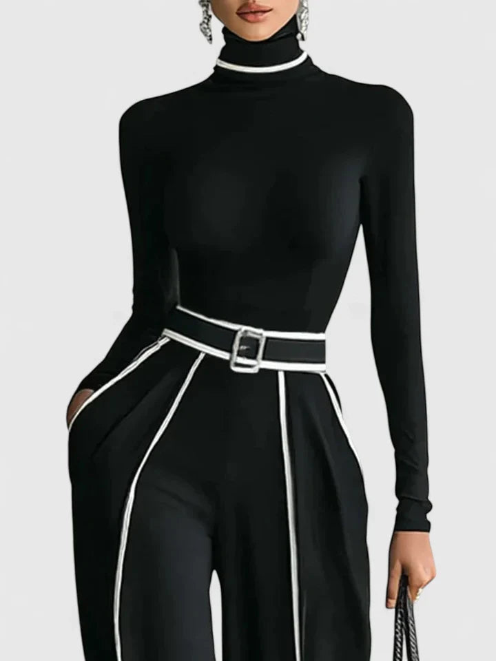 Turtleneck Two Piece Set with Contrast Trim and Wide Leg