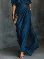 Cotton Linen Two Piece Set with V-Neck Shirt and Long Skirt