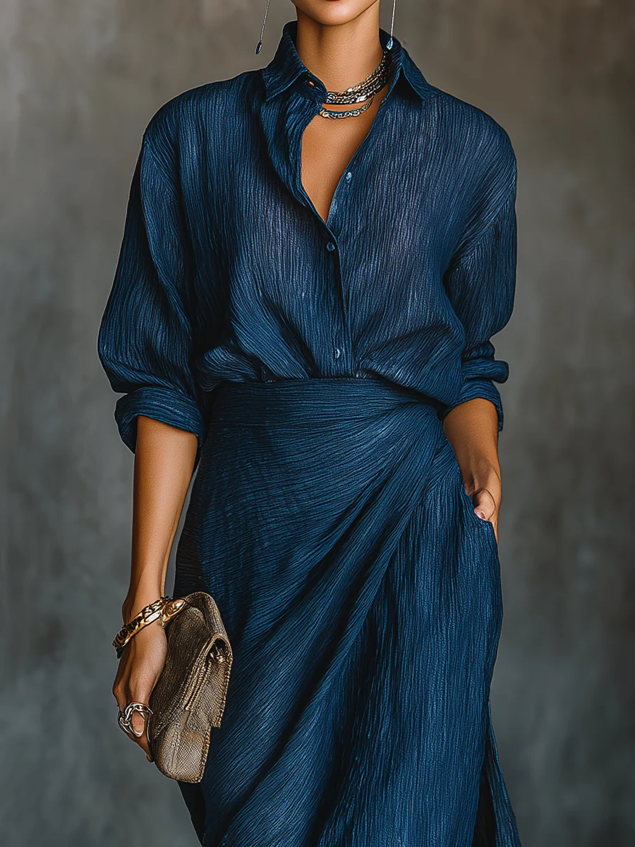 Cotton Linen Two Piece Set with V-Neck Shirt and Long Skirt