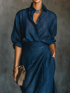 Cotton Linen Two Piece Set with V-Neck Shirt and Long Skirt