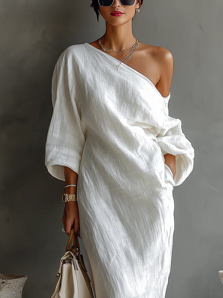 One Shoulder Maxi Dress with Long Sleeve and Ruched Detail