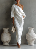 One Shoulder Maxi Dress with Long Sleeve and Ruched Detail