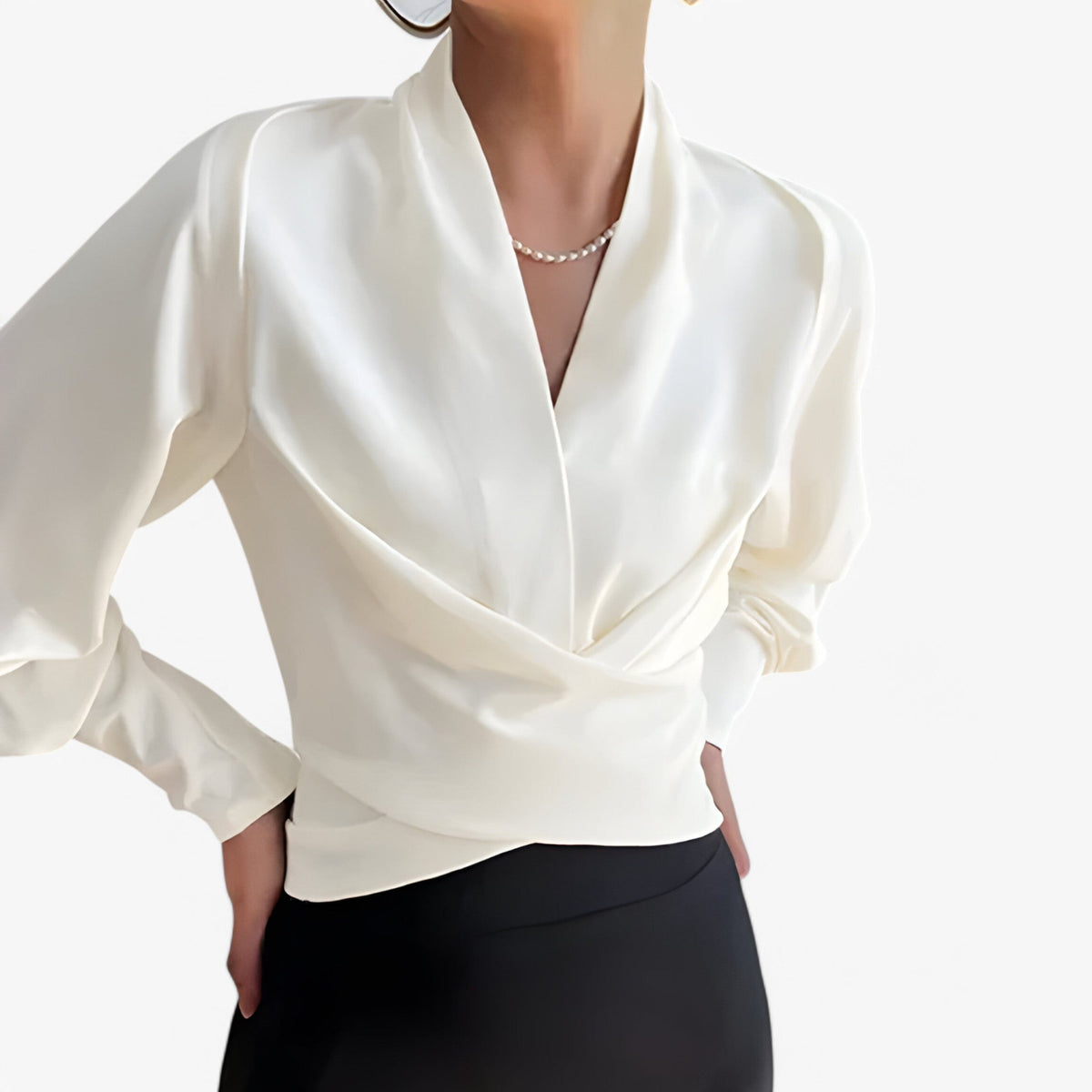 Satin Blouse with a V-Neck and Buttoned Long Sleeves