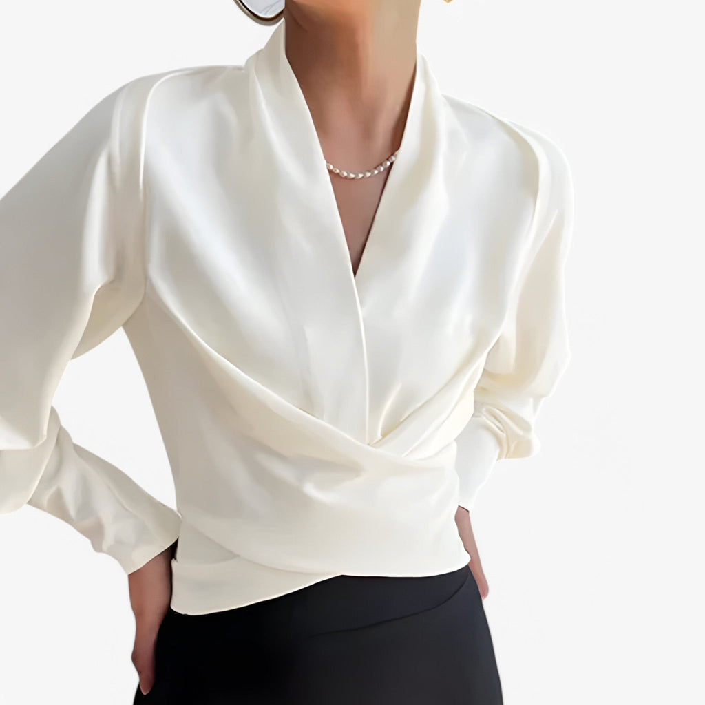 Satin Blouse with a V-Neck and Buttoned Long Sleeves