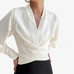 Satin Blouse with a V-Neck and Buttoned Long Sleeves