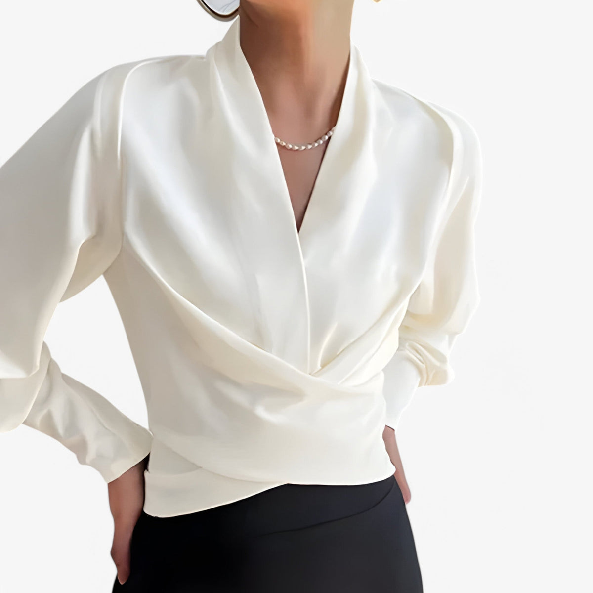Satin Blouse with a V-Neck and Buttoned Long Sleeves