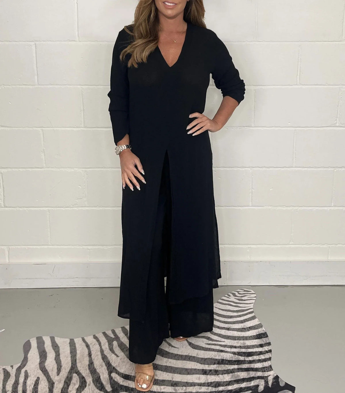 Checked Two Piece Set with Wide Leg Elasticated Trousers
