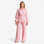 Polyester Two-Piece Set with Belted Top and Wide Trousers