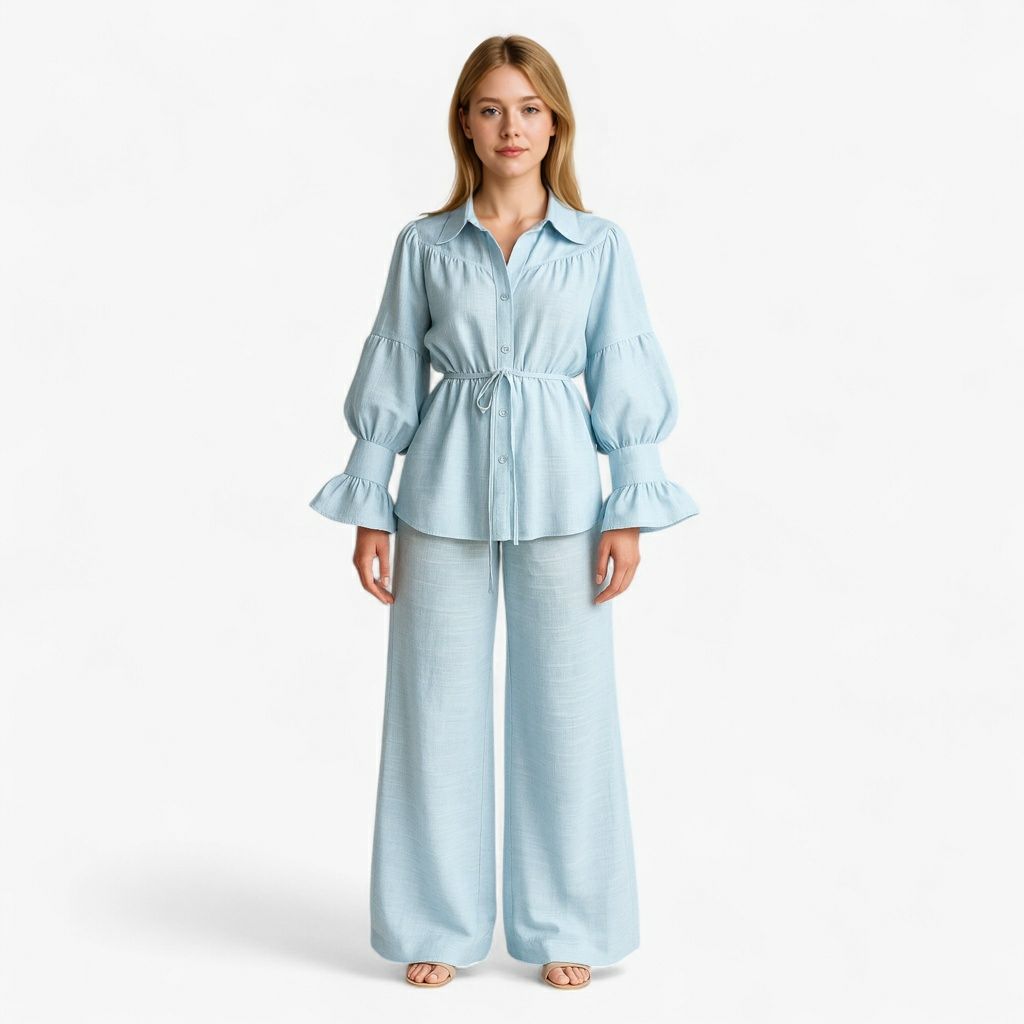 Polyester Two-Piece Set with Belted Top and Wide Trousers