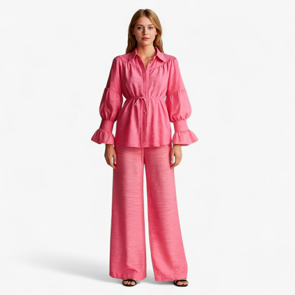 Polyester Two-Piece Set with Belted Top and Wide Trousers