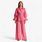 Polyester Two-Piece Set with Belted Top and Wide Trousers