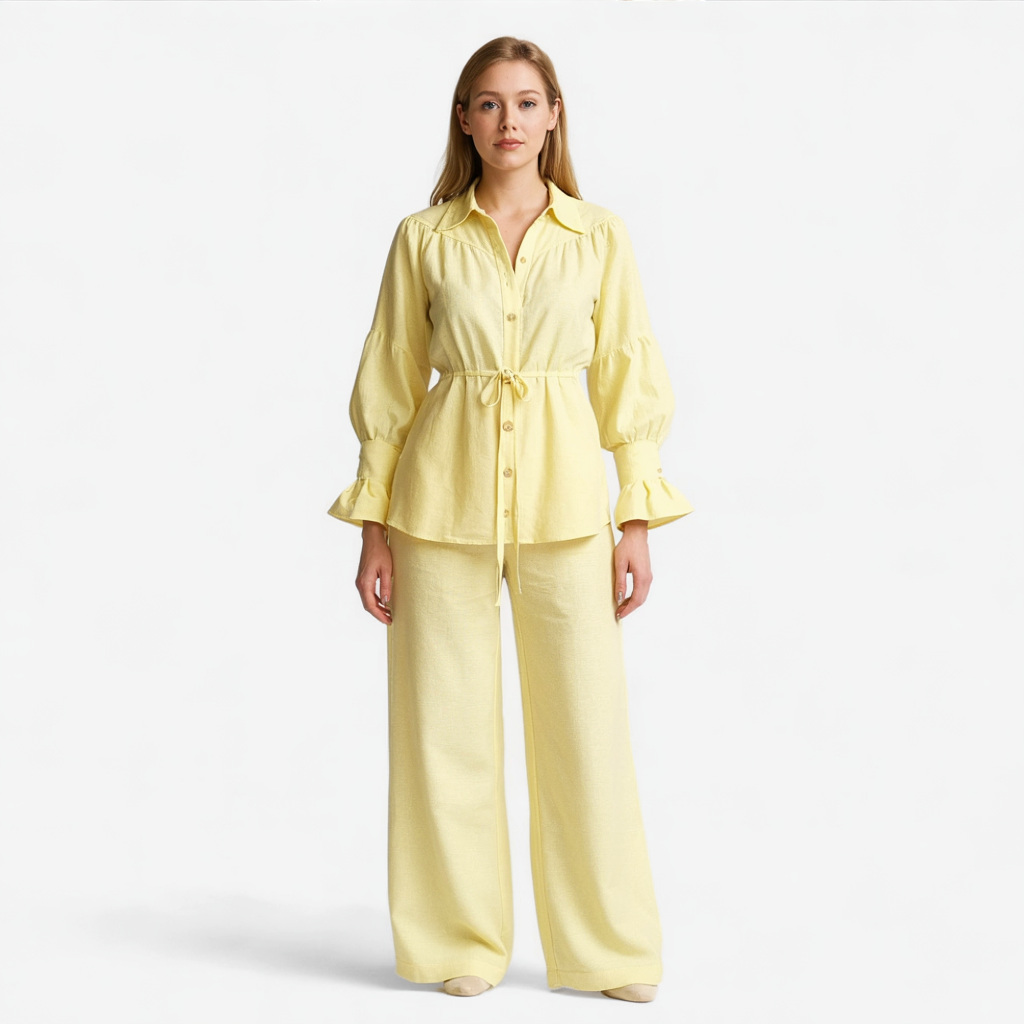 Polyester Two-Piece Set with Belted Top and Wide Trousers