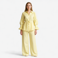 Polyester Two-Piece Set with Belted Top and Wide Trousers
