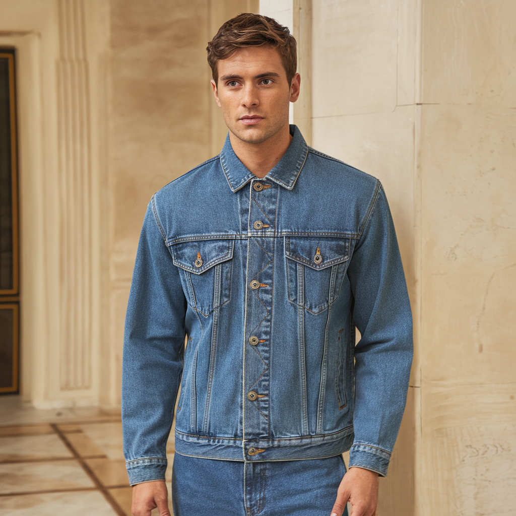 Men's Washed Denim Trucker Jacket with Chest Pockets