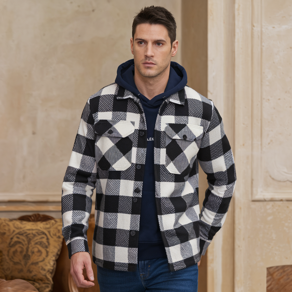 Checked flannel hoodie with button closure for winter