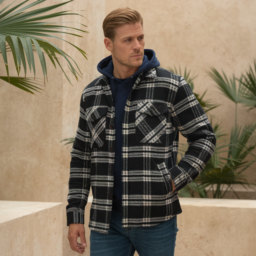 Checked flannel hoodie with button closure for winter