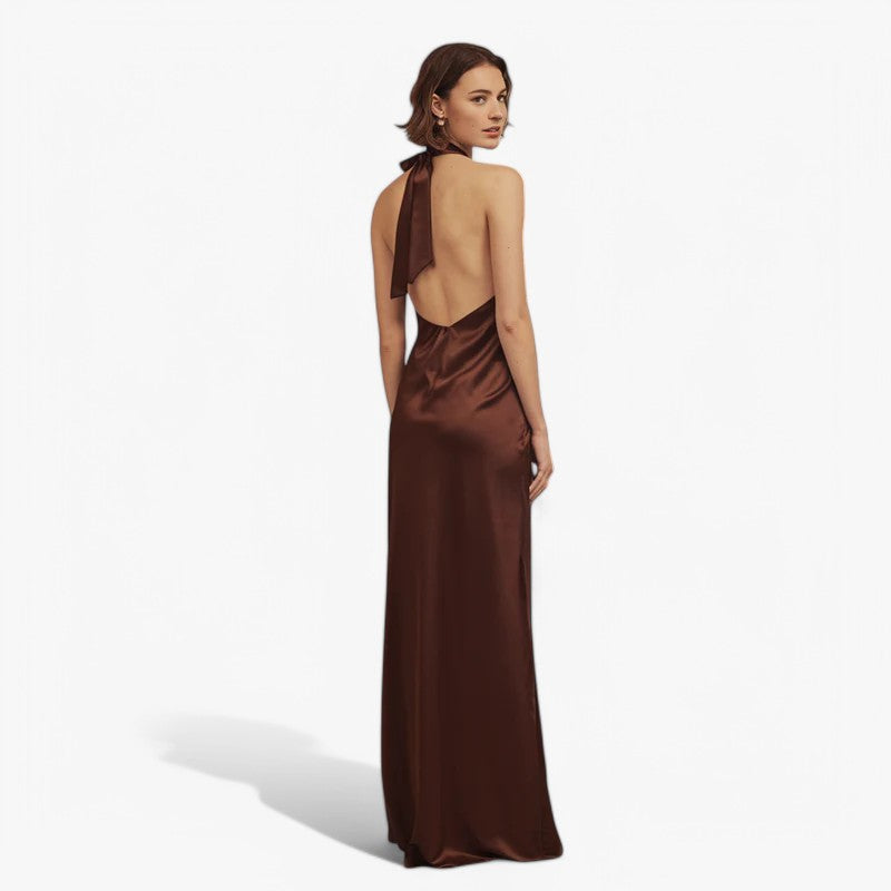 Satin Halterneck Midi Dress with Knot Detail