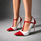 Patent Finish T-Strap Heels with Two Tone Design